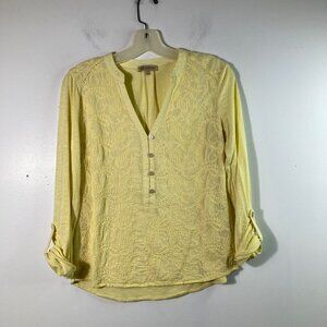 Womens Democracy Butter‎ Yellow Embroidered Tunic Top 1/2 Button Pullover S